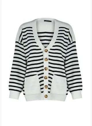 Ecru Midi Striped Knitwear Cardigan TWOAW22HI0259