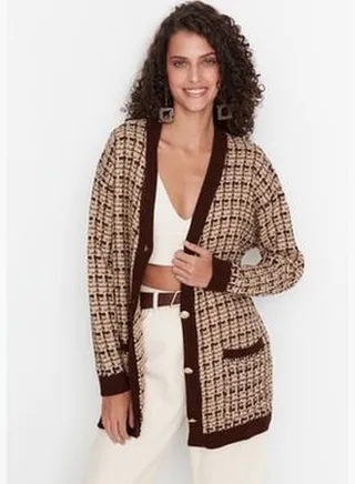 Brown, Wide Fit Tweed Look Sparkly Knitwear Cardigan TWOAW21HI0250.