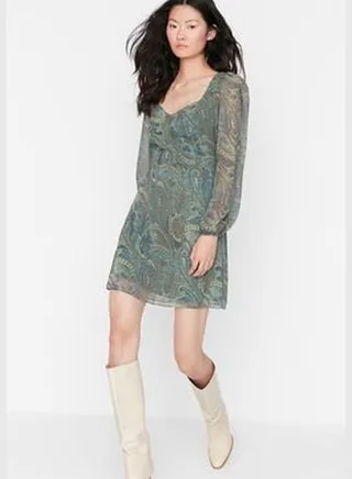 Green Paisley Patterned Dress with Balloon Sleeves TWOAW23EL01437