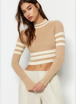 Brown Crop Stand-Up Collar Knitwear Sweater TWOAW24KZ00202