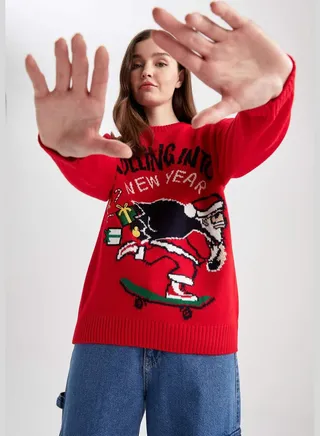 New Year Woman Crew Neck Long Sleeve Tricot Pullover