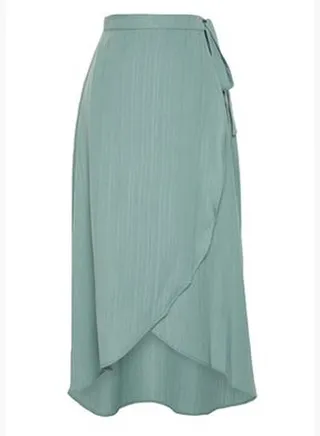 Khaki Double Breasted Closure Tie Detail Midi Length Woven Skirt
