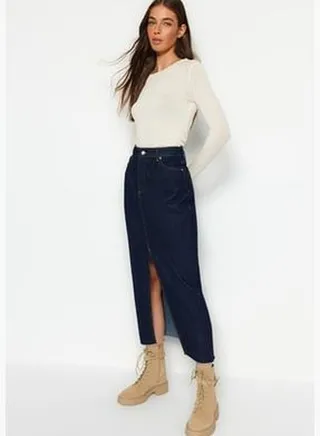 Dark Blue Slit Maxi Denim Skirt TWOSS23ET00290