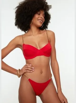 Red Chain Accessory High Leg Bikini Bottom TBESS22BA0046