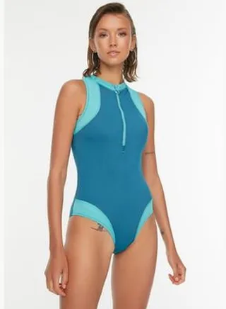 Petrol Halter Neck Zippered Swimsuit TBESS21MA0014