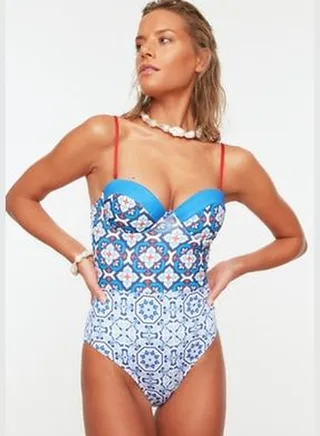 Blue Tile Patterned Swimsuit TBESS22MA0018