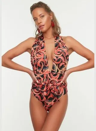 Abstract Pattern Deep-Collecture Pleated Pleated Regular Leg Swimsuit TBESS21MA0340