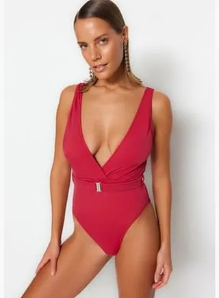 Claret Red Decollete Accessorized Regular Leg Swimsuit TBESS23MA00333