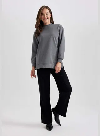Woman Bike Neck Long Sleeve Knitted Sweat Tunic