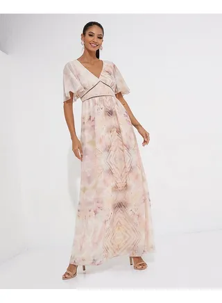 Little Mistress Flutter Sleeve Maxi Dress In Marble Print-multi