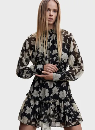 Floral Balloon Sleeve Ruffled Dress