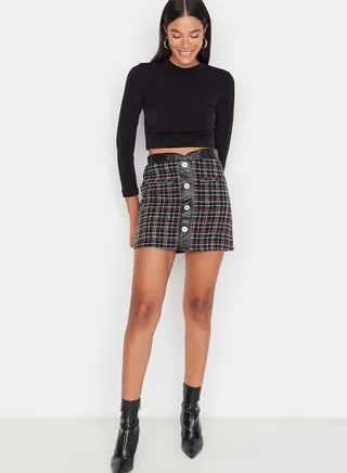 Checked Button Detail Mini Skirt