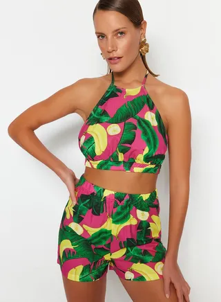 Halter Neck Printed Top & Shorts Set