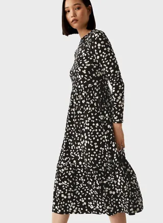 Jersey Printed Round Neck Midi Tiered Dress