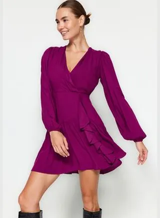 Plum Ruffle Double Breasted Woven Dress TWOAW24EL00550
