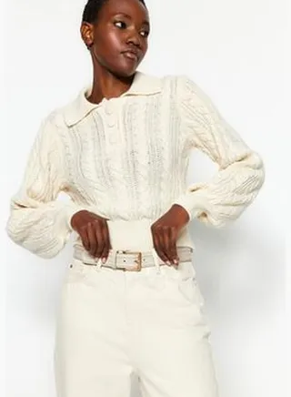Ecru Crop Detailed Knitwear Sweater TWOAW24KZ00961