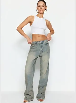 Blue Faded Effect Vintage Low Waist Wide Leg Jeans TWOSS24JE00032