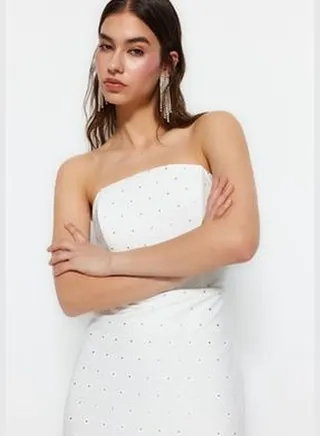 Fitted, Ecru Evening Dress in Woven with Shiny Stones and Lining TPRSS23EL00476/Ecru