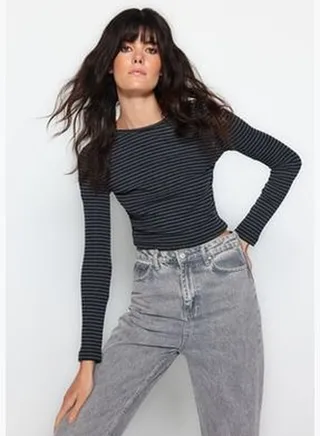 Anthracite Stripe Crop Slim Crewneck Ribbed Stretch Knitted Blouse TWOAW24BZ00076