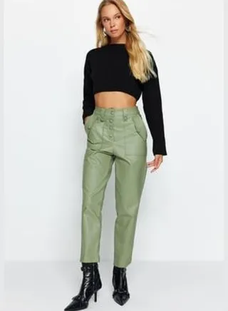 Khaki Carrot Weave Faux Leather Trousers With Buttons In The Front TWOAW22PL0083