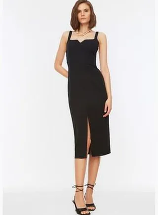 Weave Black Midi Dress with Slits and Straps