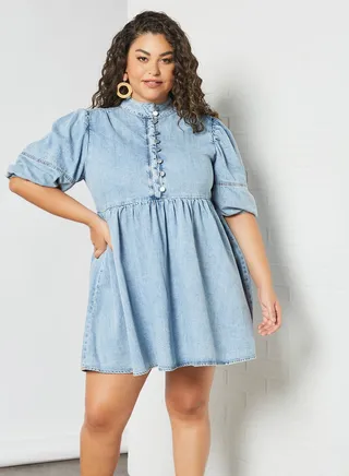 Plus Size High Neck Denim Dress Blue