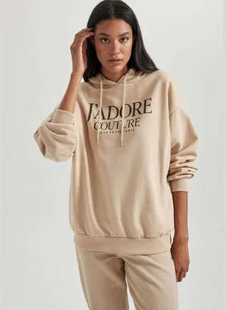 Woman Oversize Fit Hooded Long Sleeve Knitted Sweatshirt