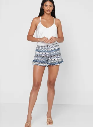 Blue Abstract Print Frill Hem Short