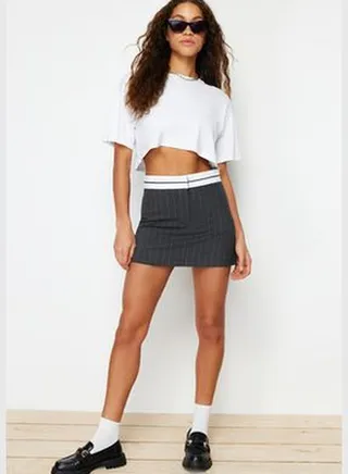 Anthracite Waist Belt Detailed Mini Striped Woven Shorts Skirt