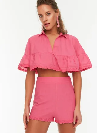 Lace Detail Crop Top & Shorts Set