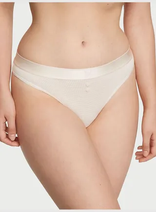 Logo Cotton Waffle Thong Panty