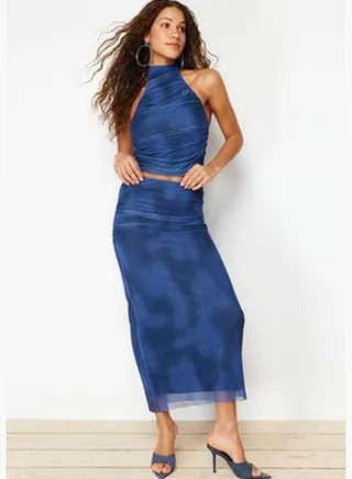 Indigo Draped Maxi Tulle Stretch Knitted Skirt