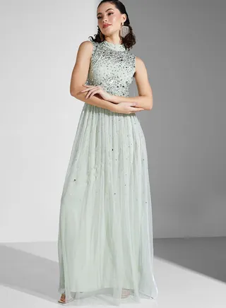 High Neck Embellished Belted Tiered Dress
