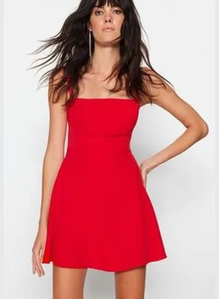 Red Open Waist/Weave Skater Evening Dress/TPRSS23EL00031