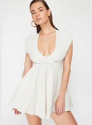 Ecru Mini Woven Cut Out/Window Linen Blend Beach Dress