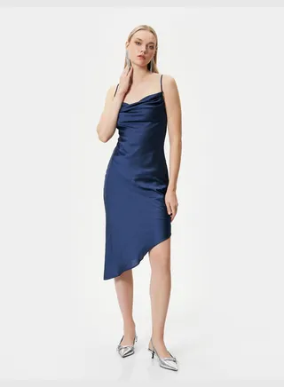 Satin Dress Spaghetti Straps Midi Draped Asymmetric Cut