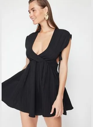 Black Mini Woven Cut Out/Window Linen Blend Beach Dress