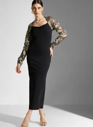 Dana Shift Dress With Foil Print Sleeve