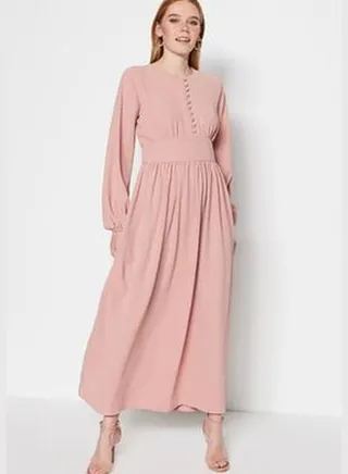 Dried Rose Bodice and Fabric Covered Button Detail Aerobin Woven Dress
