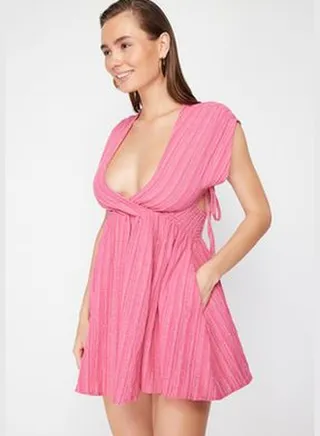 Fuchsia Mini Woven Cut Out/Window Linen Blend Beach Dress