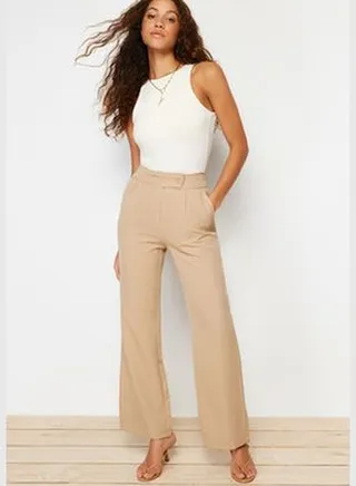 Mink Wide Leg Pleated Trousers with Woven Belt Detail