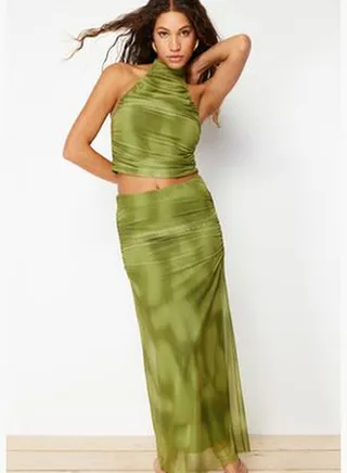 Green Draped Halter Neck Fitted/Situated Tulle Knit Knitted Blouse