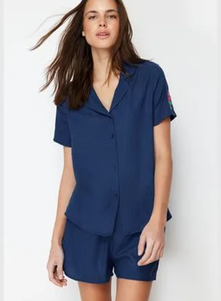 Navy Blue Watermelon Embroidered Shirt-Shorts Woven Pajama Set