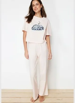 Powder 100% Cotton Elephant Printed Tshirt-Pants Knitted Pajama Set