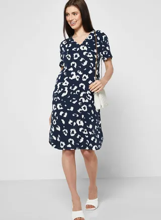 Linen Rich Printed V-Neck Midi Shift Dress
