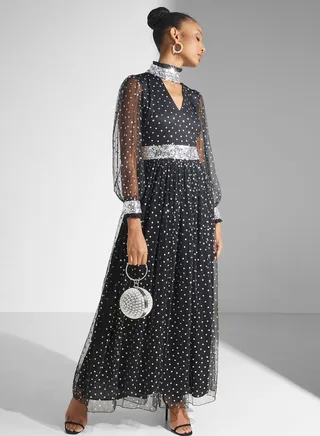Embellished Mesh Tiered Dress