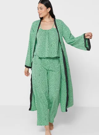 3Pc Pyjama Set Cami Top With Night Robe & Pant