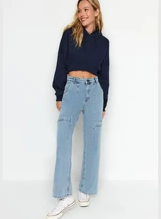 Blue Pocket Detailed High Waist Wide Leg Jeans TWOAW24JE00330