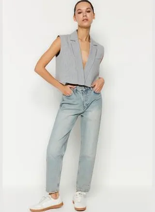 Blue Pale Effect Vintage High Waist Mom Jeans