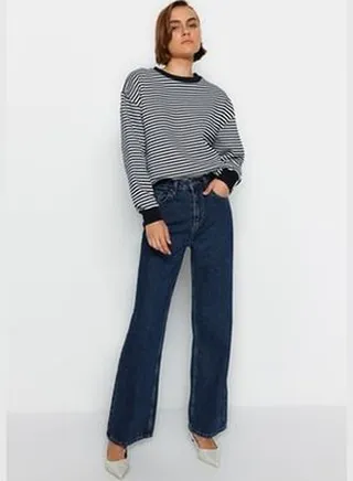 Dark Blue High Waist Wide Leg Jeans TWOAW24JE00040